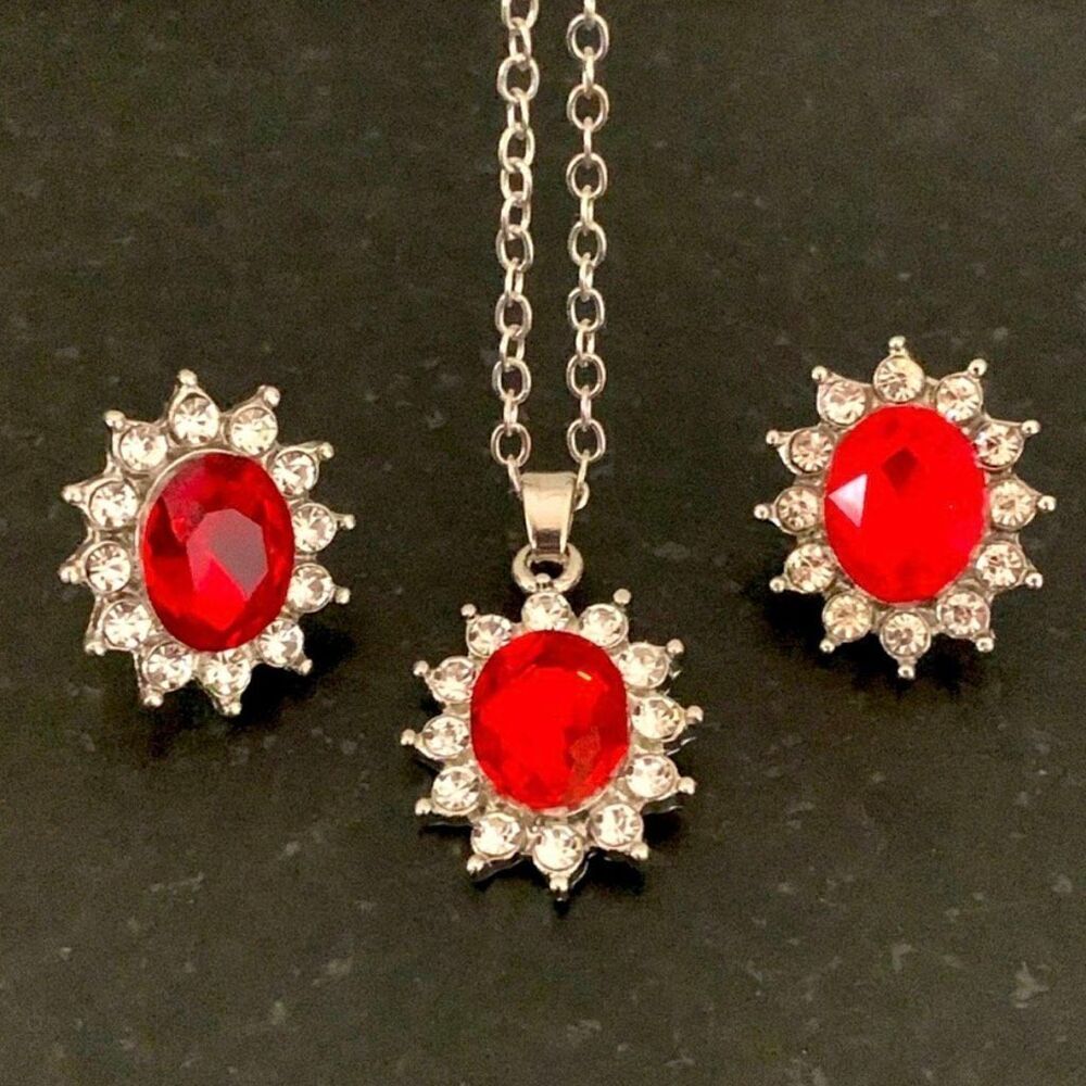 Ruby Red Oval Pendant Necklace with CZ Halo & Matching Stud Earrings Set